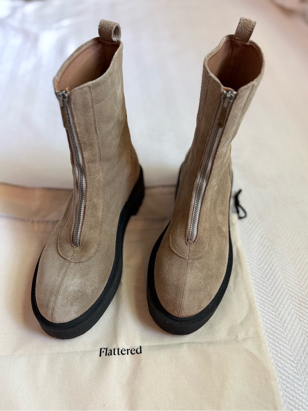 Flattered Alma Suede Boots in Sand, Size 7